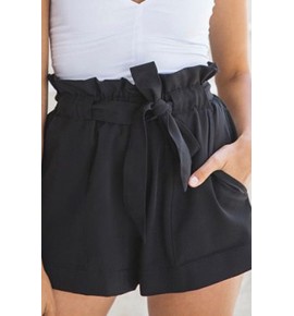 Black Ruffle Design Waist Tie Chiffon Shorts