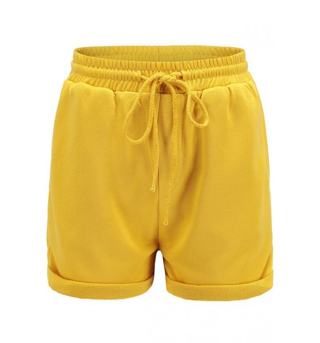 Yellow Drawstring Pocket Roll Up Hem Casual Shorts