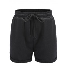 Black Drawstring Pocket Roll Up Hem Casual Shorts