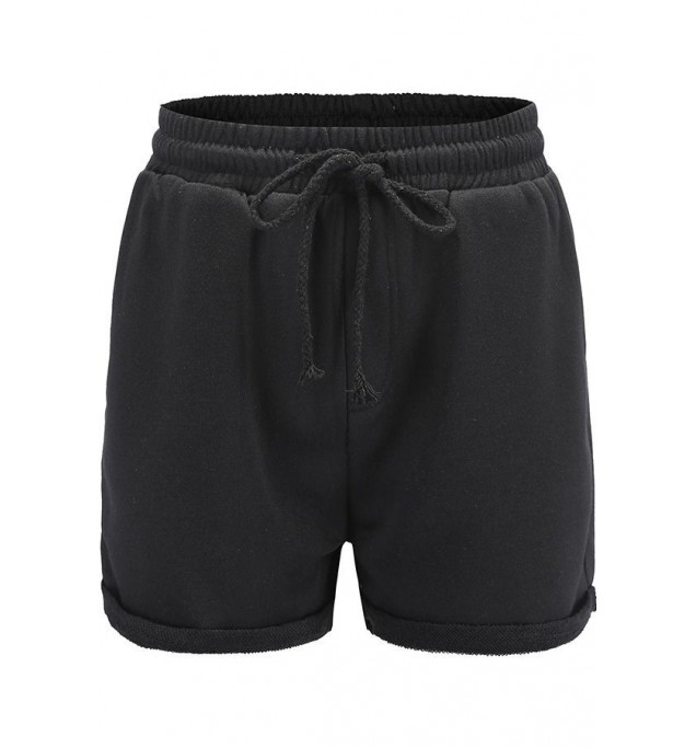 Black Drawstring Pocket Roll Up Hem Casual Shorts