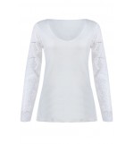 White Lace Splicing V Neck Sheer Casual Top