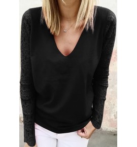 Black Lace Splicing V Neck Sheer Casual Top