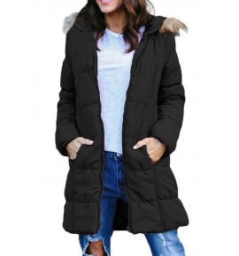 Black Faux Fur Hooded Zipper Up Casual Thicken Coat