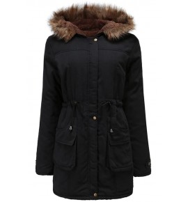 Black Zipper Up Pocket Faux Fur Trim Hoodied Casual Long Coat