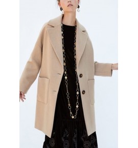 Beige Notched Collar Two Button Pocket Casual Trench Coat