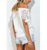 White Off Shoulder Short Sleeve Sexy Lace Blouse