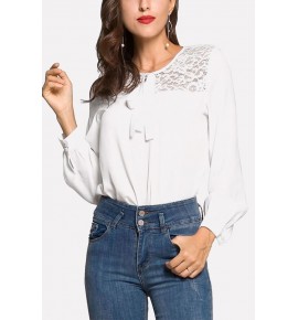 White Lace Crochet Tied Neck Casual Blouse