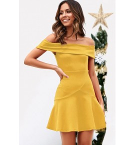 Yellow Off Shoulder Ruffles Hem Sexy Party Dress