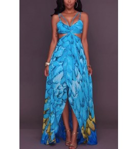 Blue Feather Print Spaghetti Straps Strappy Cutout Sexy Chiffon Dress